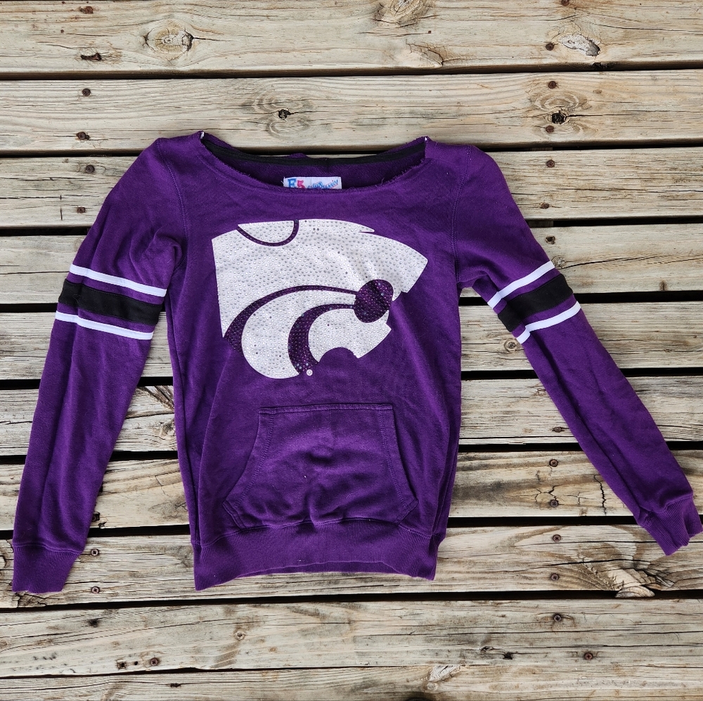 K-State Rhinestone Crew Sweatshirt Pocket Powercat KSU Kansas State Small E5